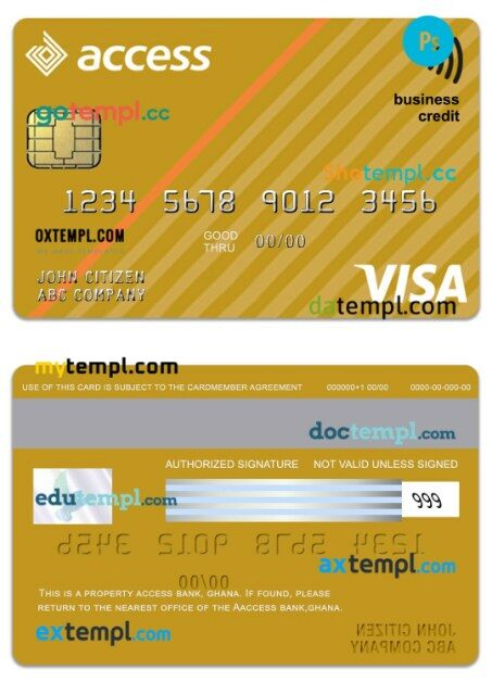 Ghana Access Bank business credit visa gold card template in PSD format