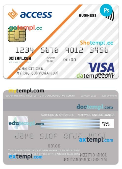Ghana Access Bank business visa prepaid card template in PSD format