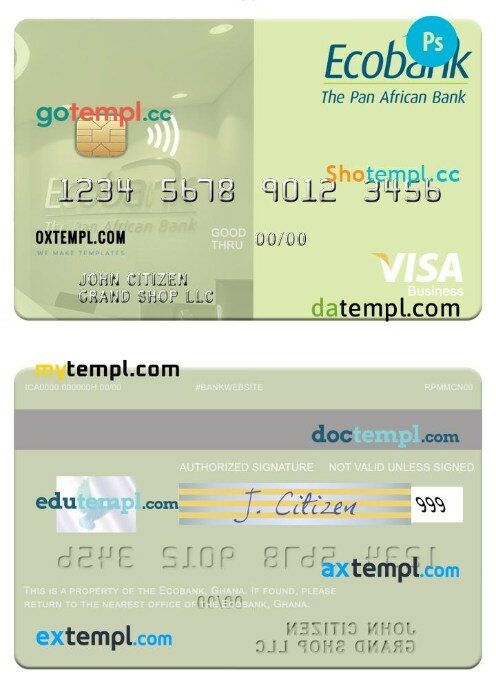 Ghana Ecobank visa business card template in PSD format
