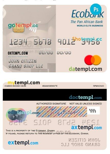 Ghana Ecobank world elite business mastercard template in PSD format