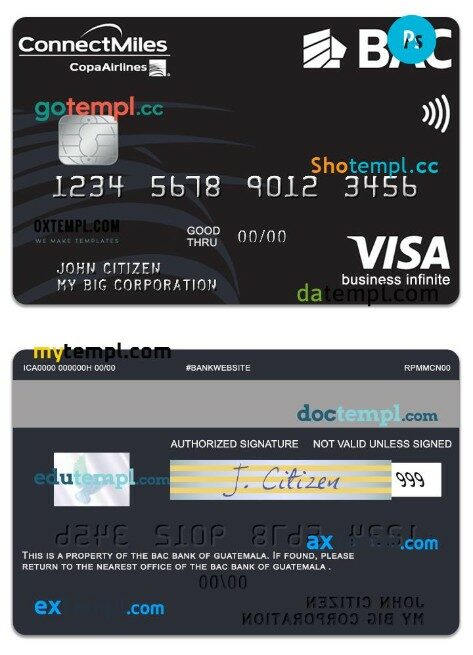 Guatemala BAC Bank business visa infinite card template in PSD format