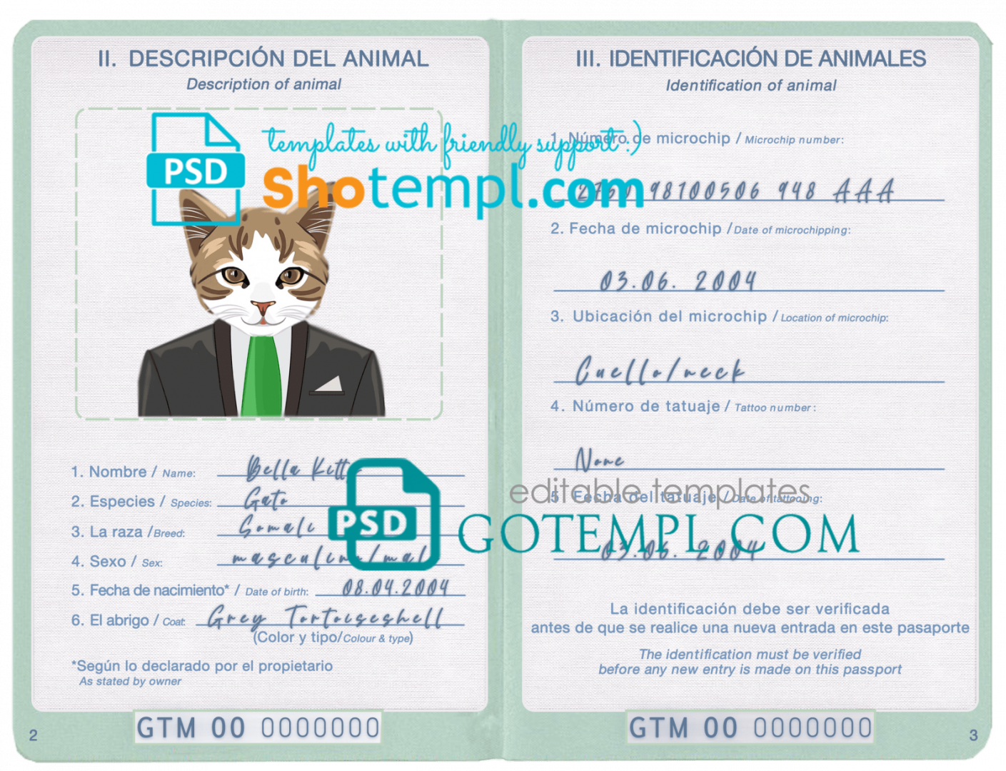 free download Guatemalan cat (animal, pet) passport PSD example, completely editable