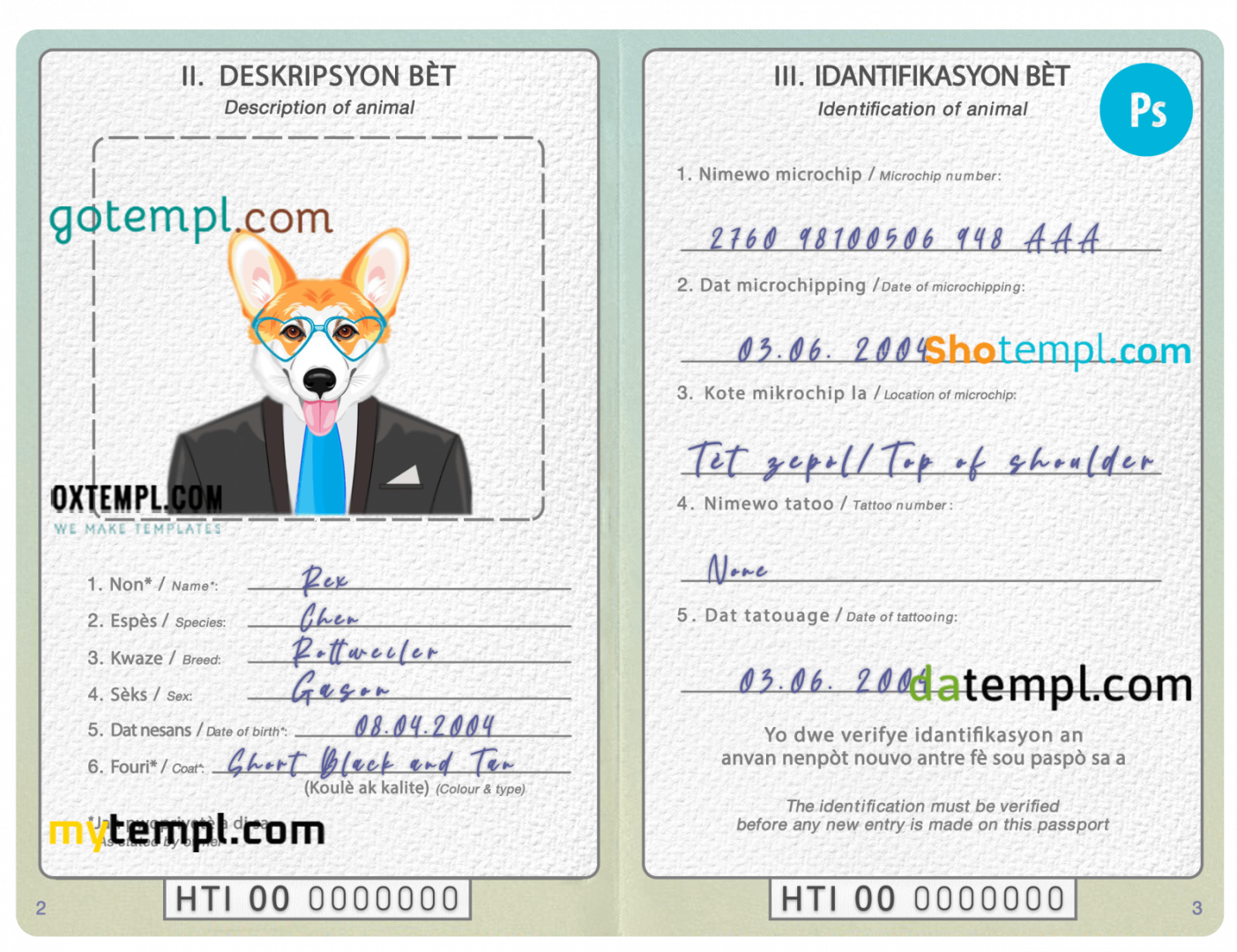 free download Haitian dog (animal, pet) passport PSD example, completely editable