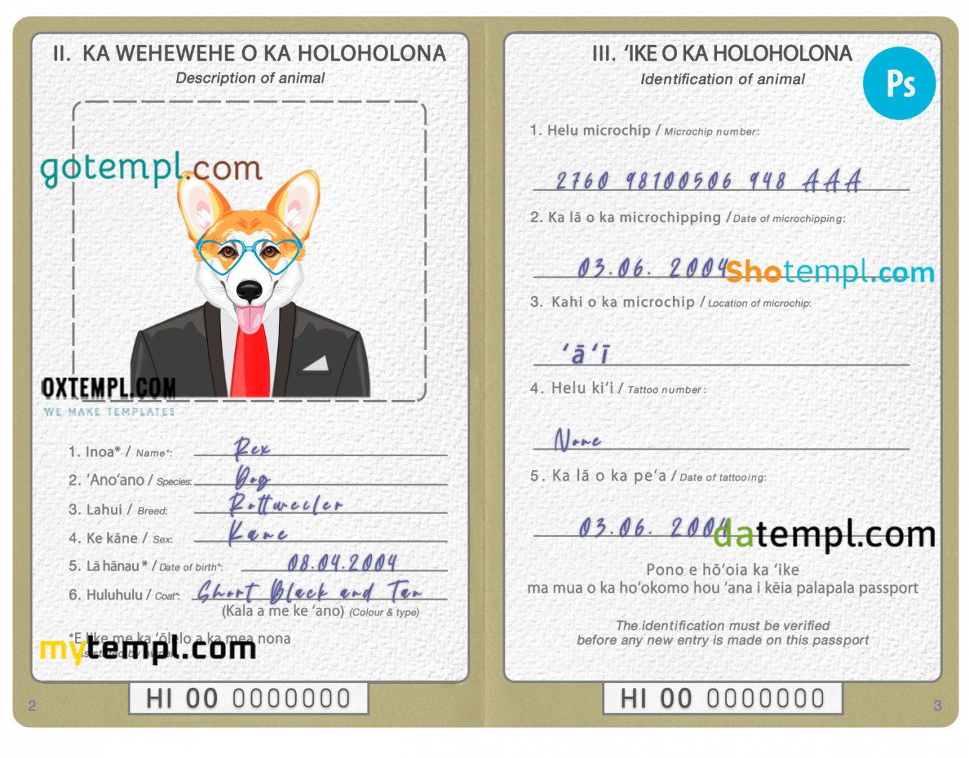 free download Hawaii dog (animal, pet) passport PSD example, completely editable