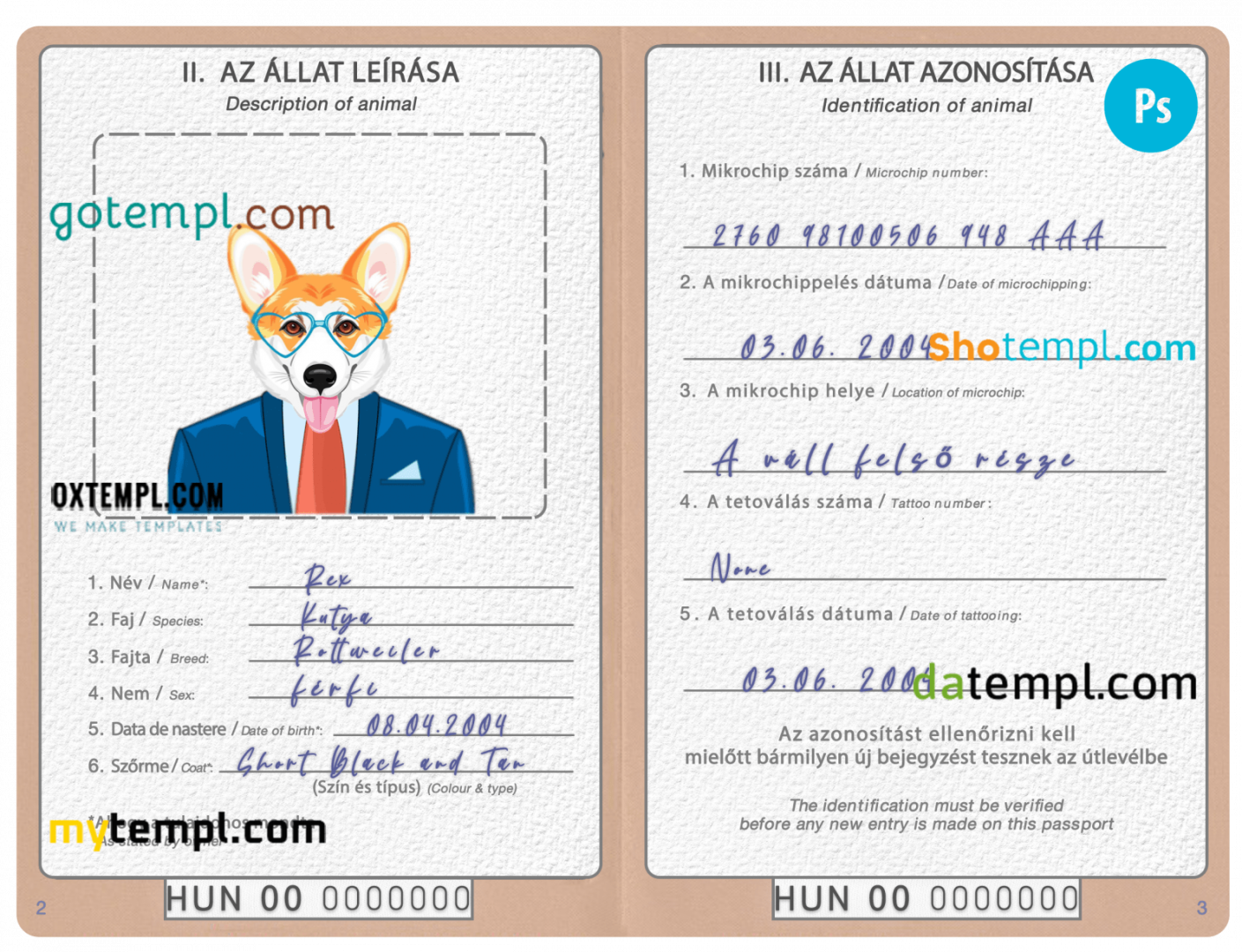 free download Hungarian dog (animal, pet) passport PSD example, fully editable