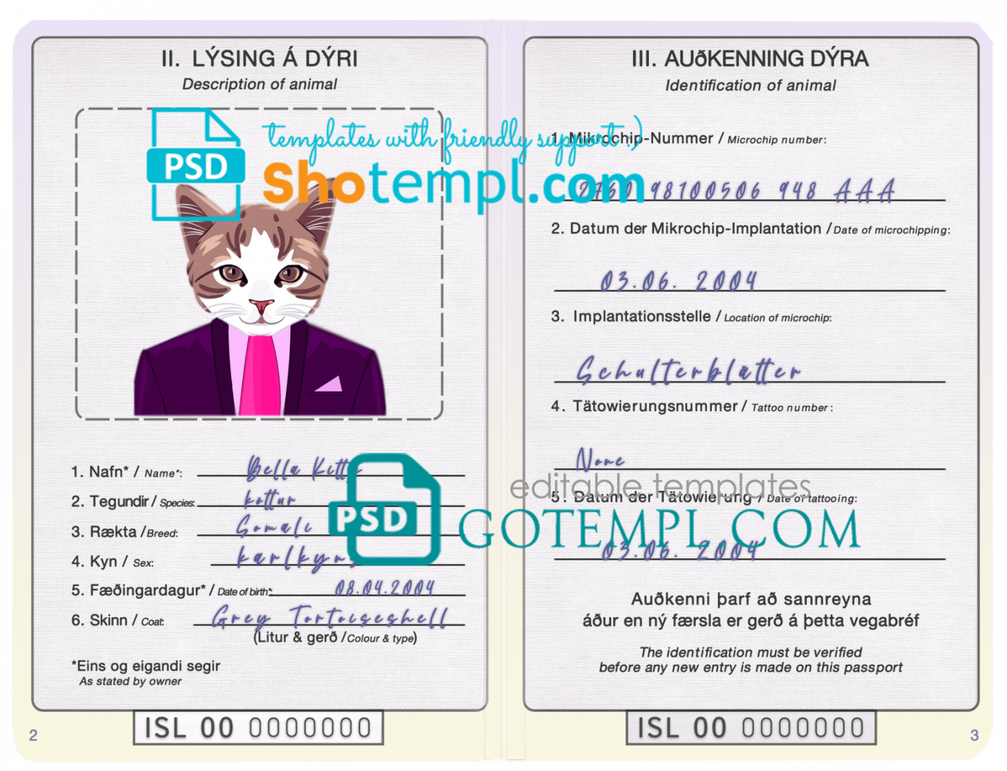 free download Icelandic cat (animal, pet) passport PSD example, completely editable
