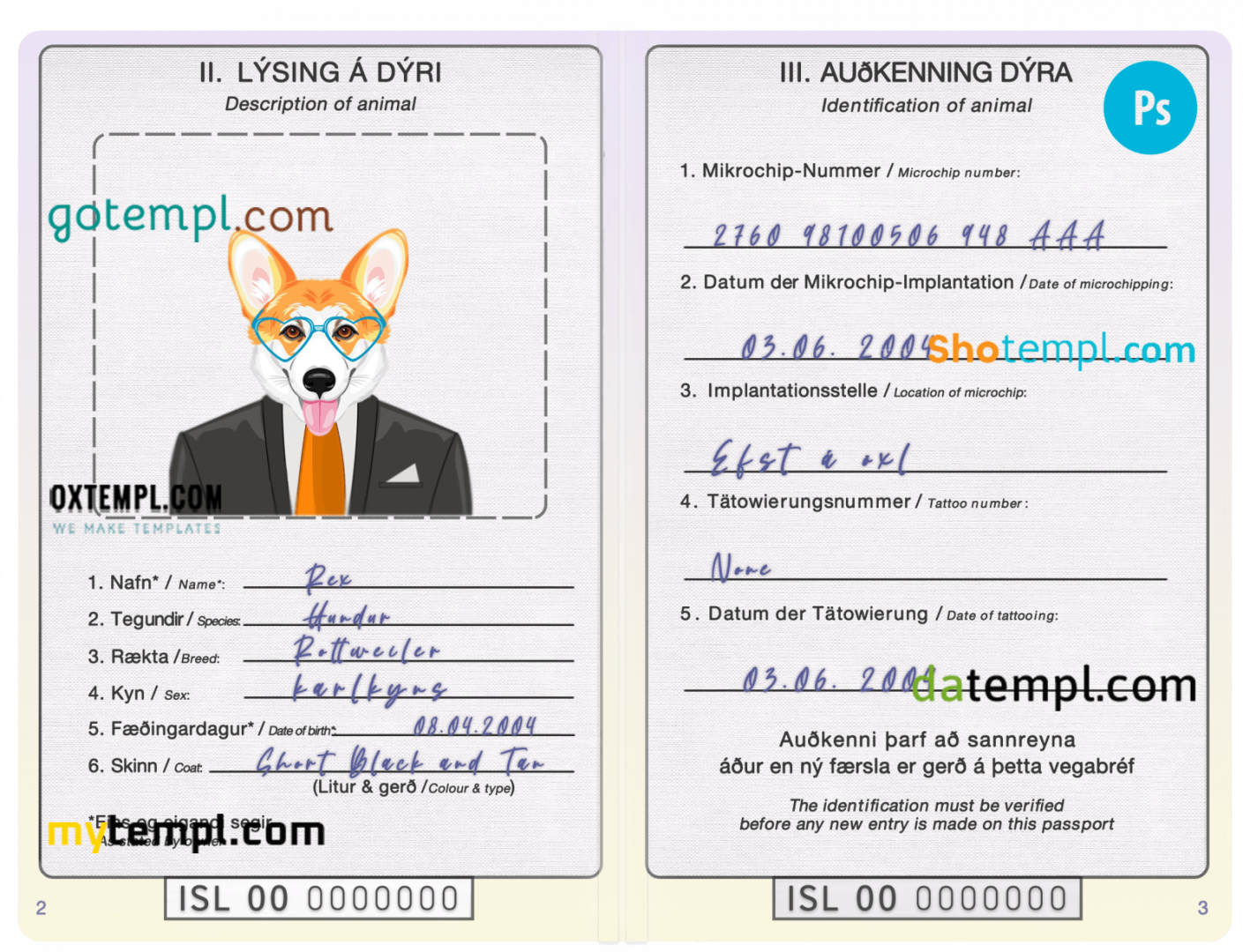 free download Icelandic dog (animal, pet) passport PSD example, fully editable