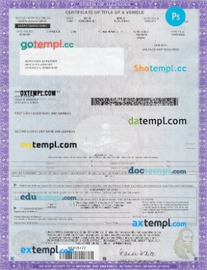 Illinois certificate of title of a vehicle (car title) template in PSD format, fully editable, front and back