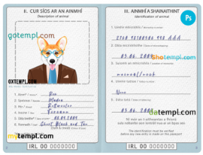 free download Irish dog (animal, pet) passport example, fully editable