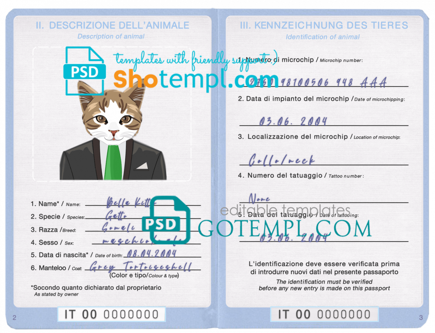free download Italian cat (animal, pet) passport PSD example, fully editable