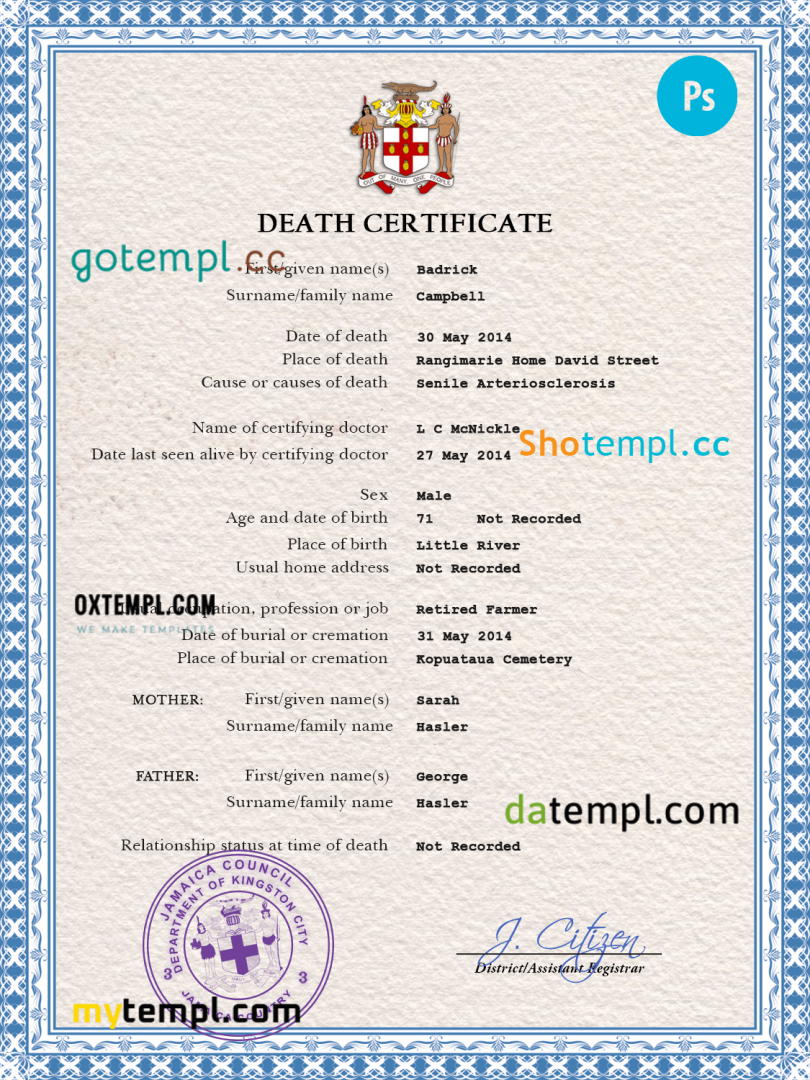 Jamaican death certificate PSD example, completely editable