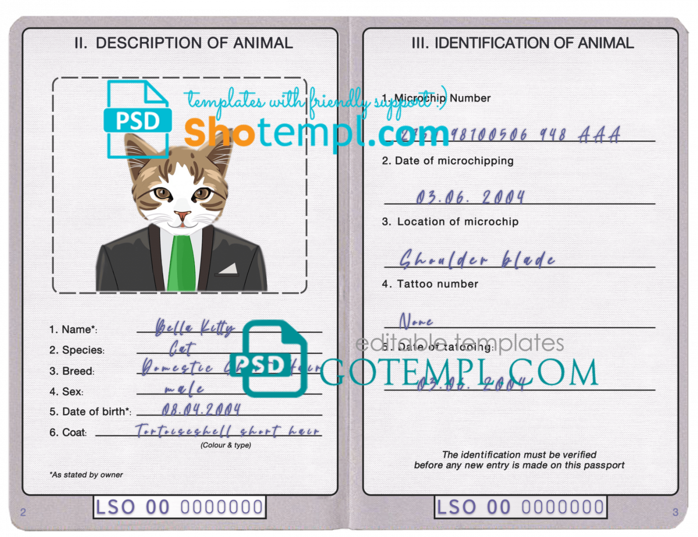 free download Lesotho cat (animal, pet) passport PSD example, completely editable
