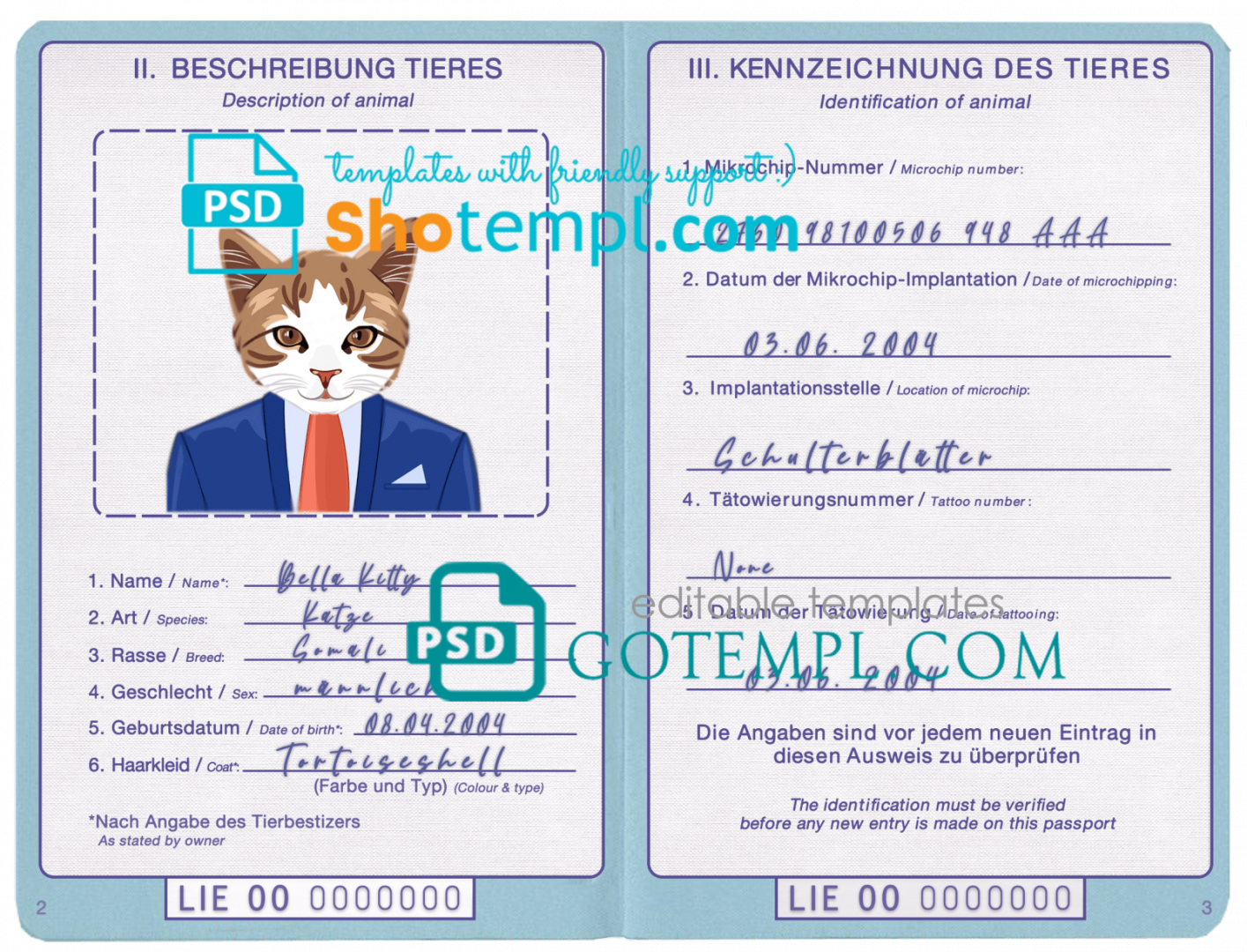 free download Liechtensteiner cat (animal, pet) passport PSD example, fully editable