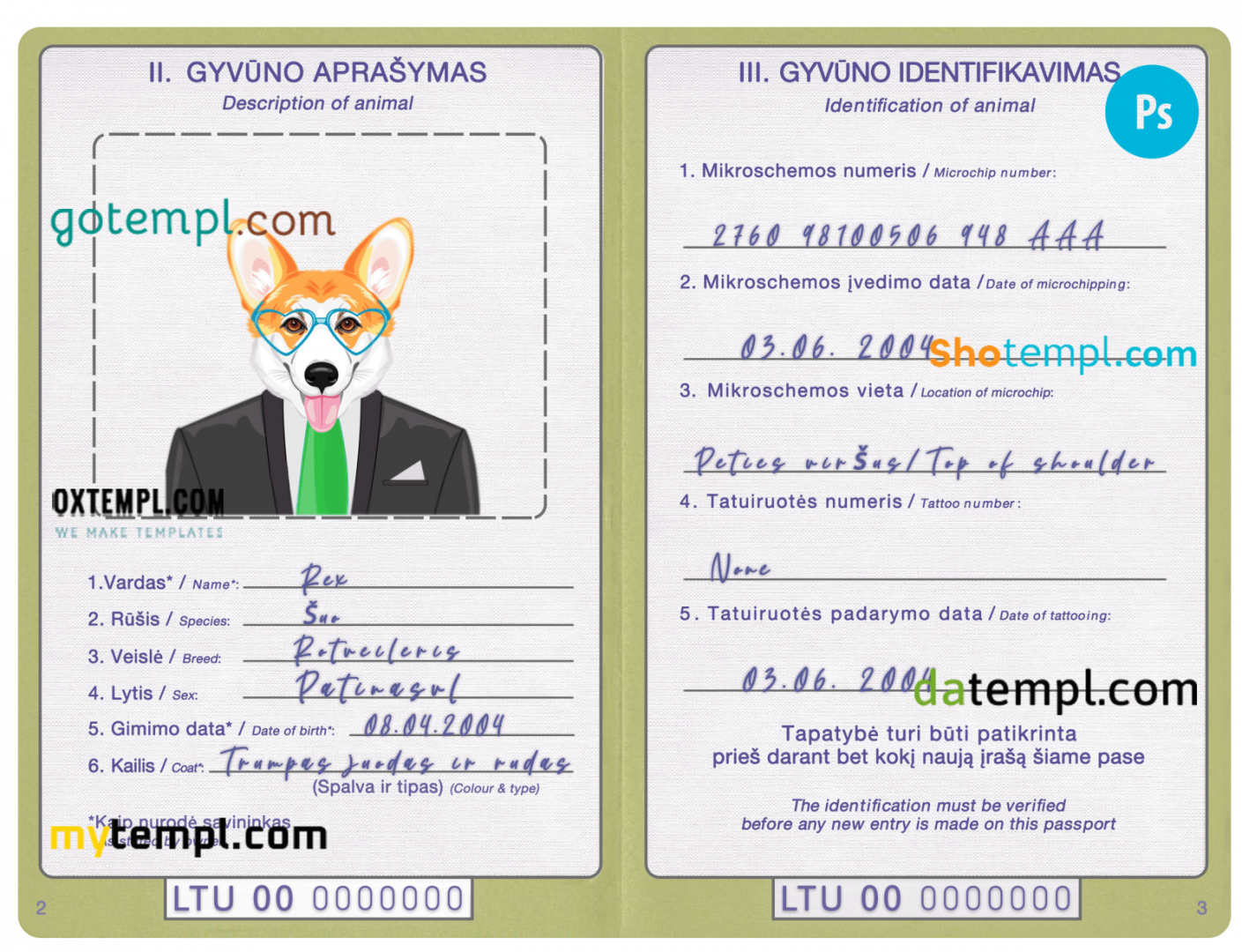 free download Lithuanian dog (animal, pet) passport PSD example, completely editable