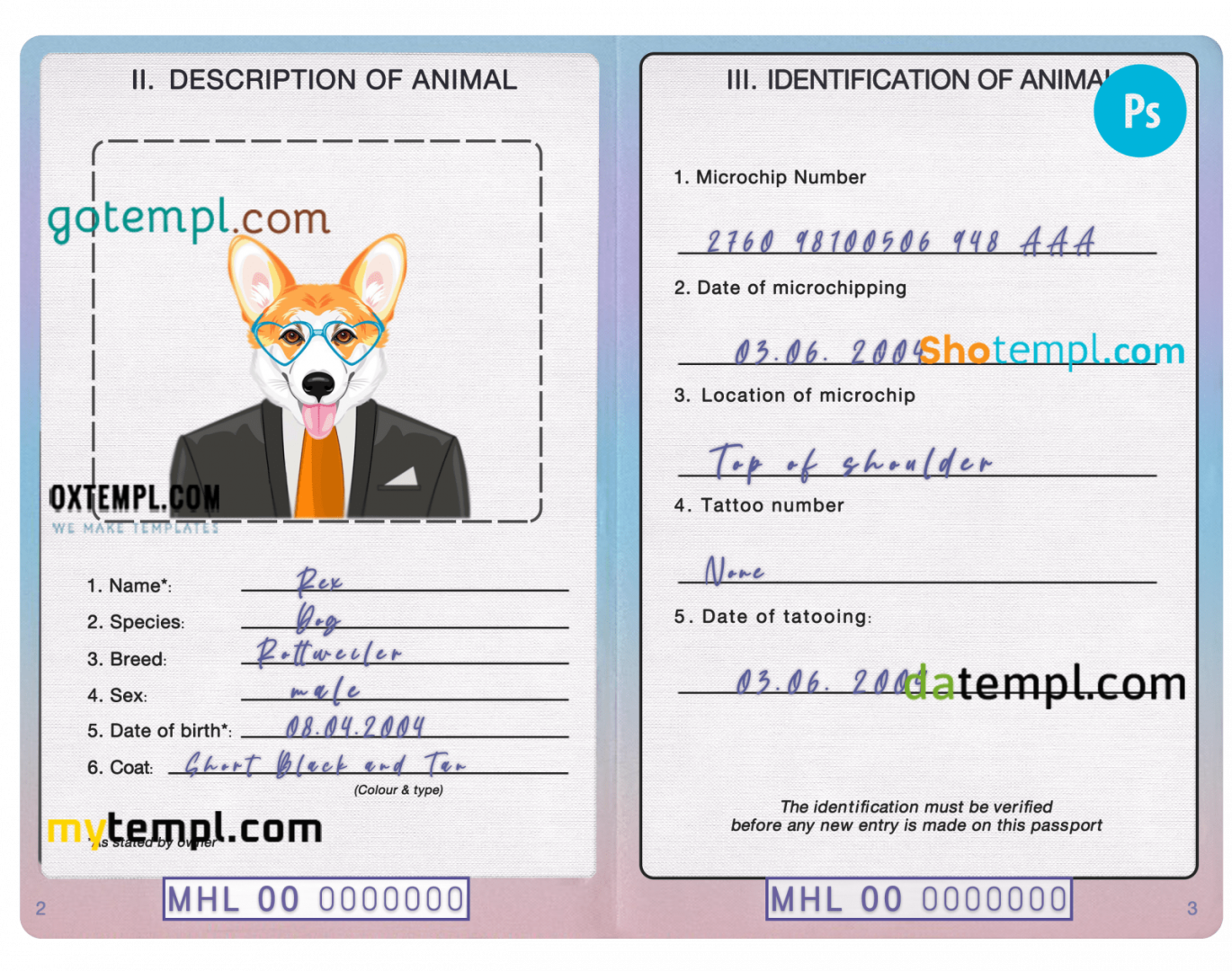 free download Marshallese dog (animal, pet) passport PSD example, fully editable