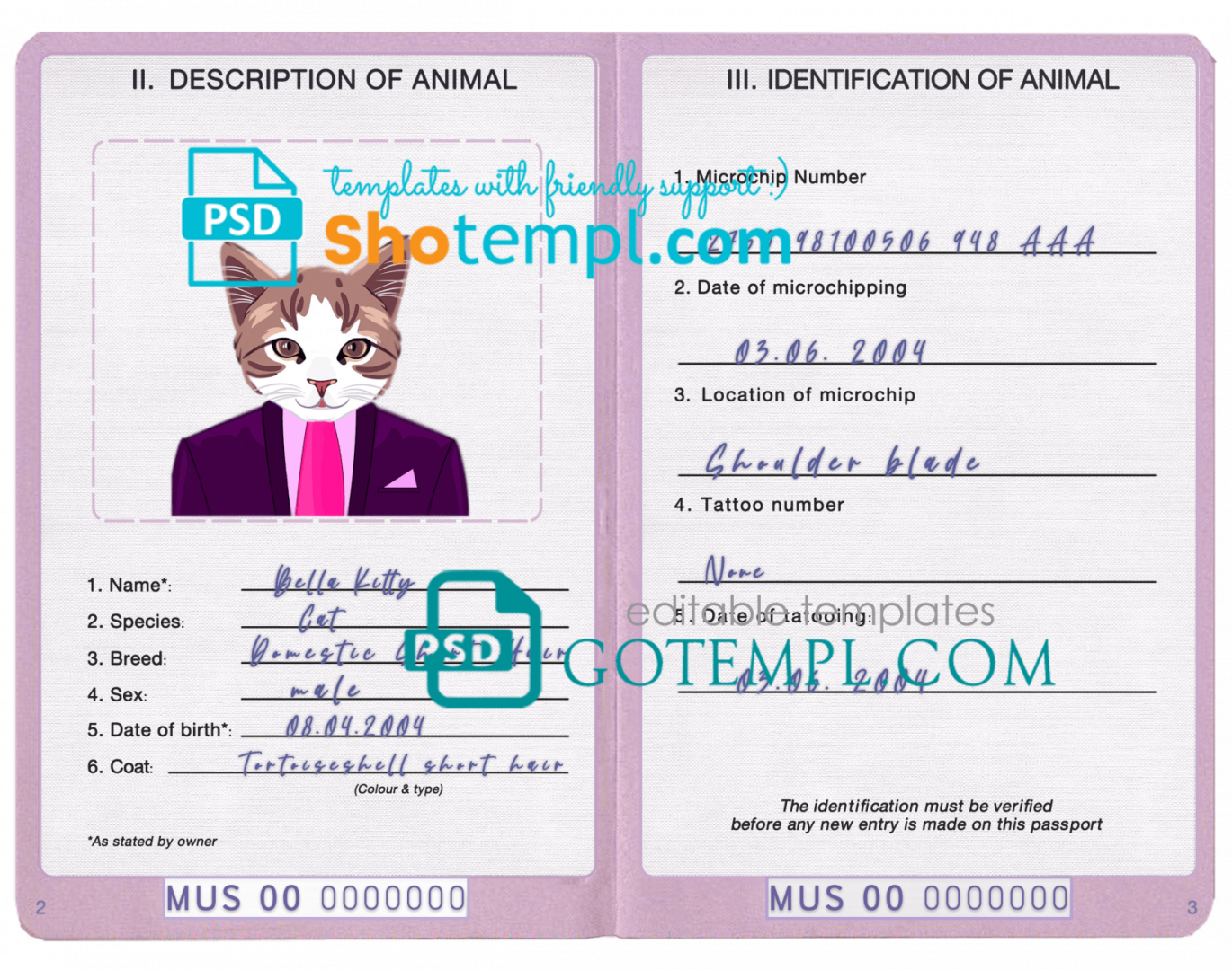 free download Mauritius cat (animal, pet) passport PSD example, fully editable