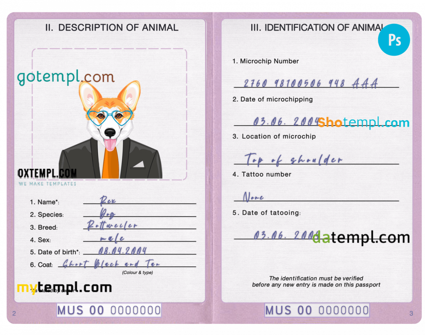 free download Mauritius dog (animal, pet) passport PSD example, fully editable