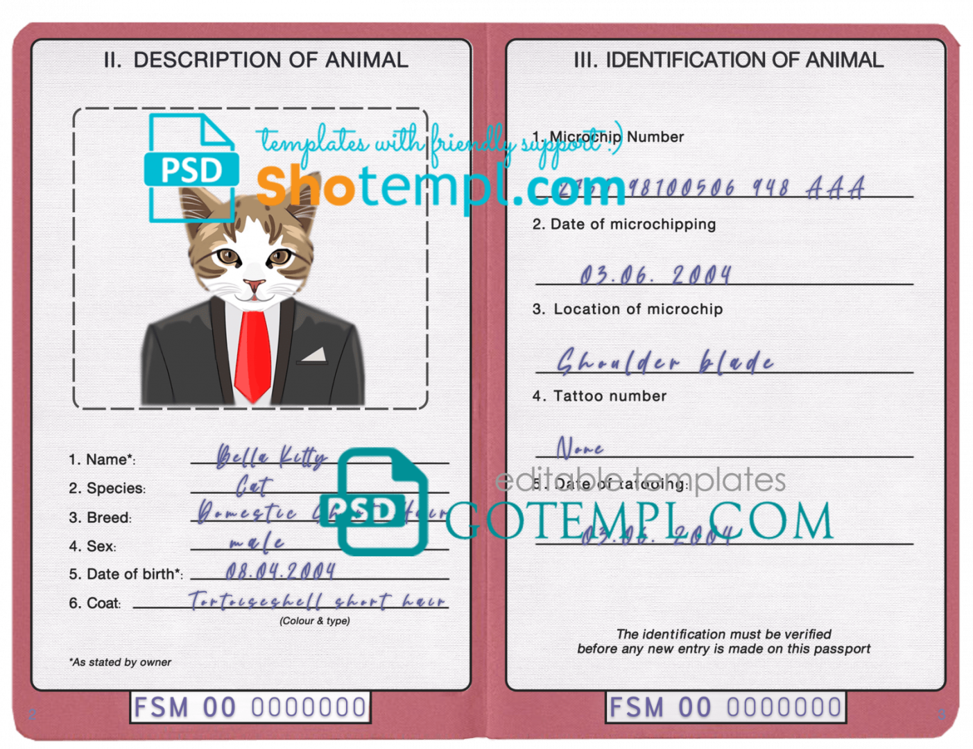 free download Micronesian cat (animal, pet) passport PSD example, fully editable