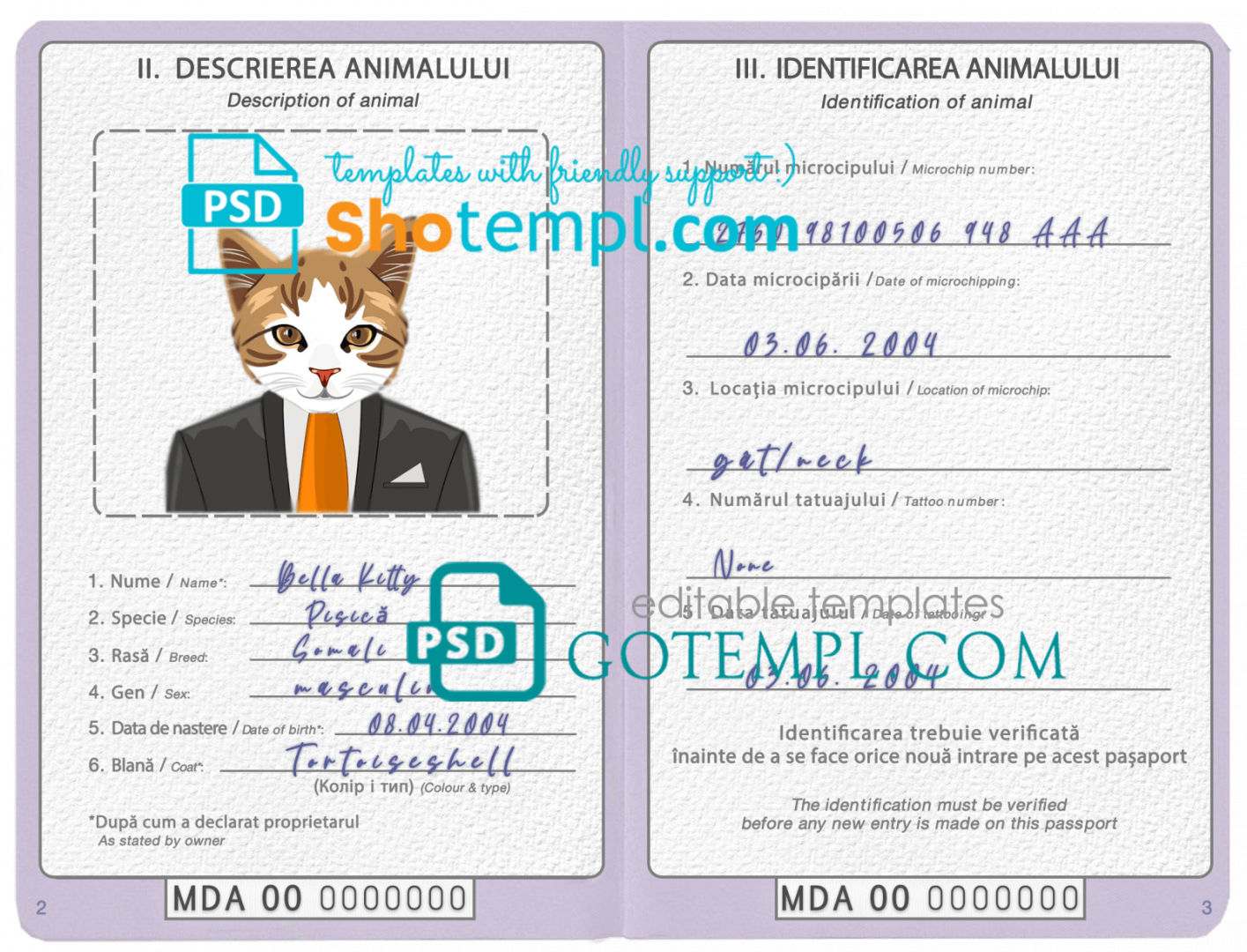 free download Moldovan cat (animal, pet) passport PSD example, completely editable