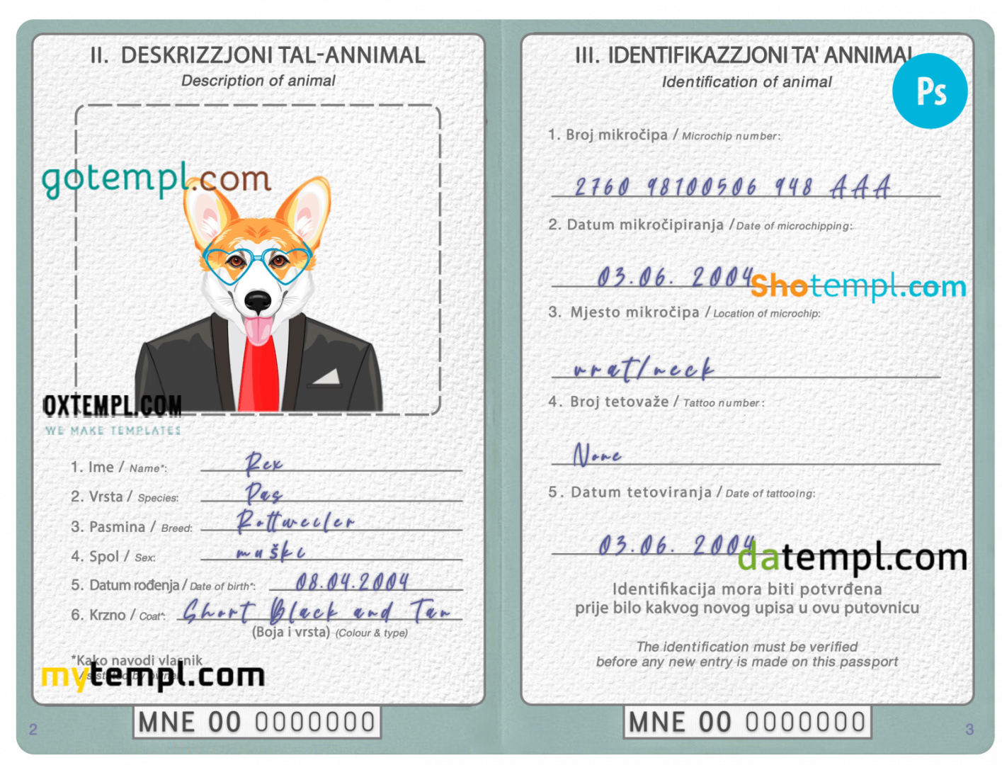 free download Montenegrin dog (animal, pet) passport PSD example, fully editable