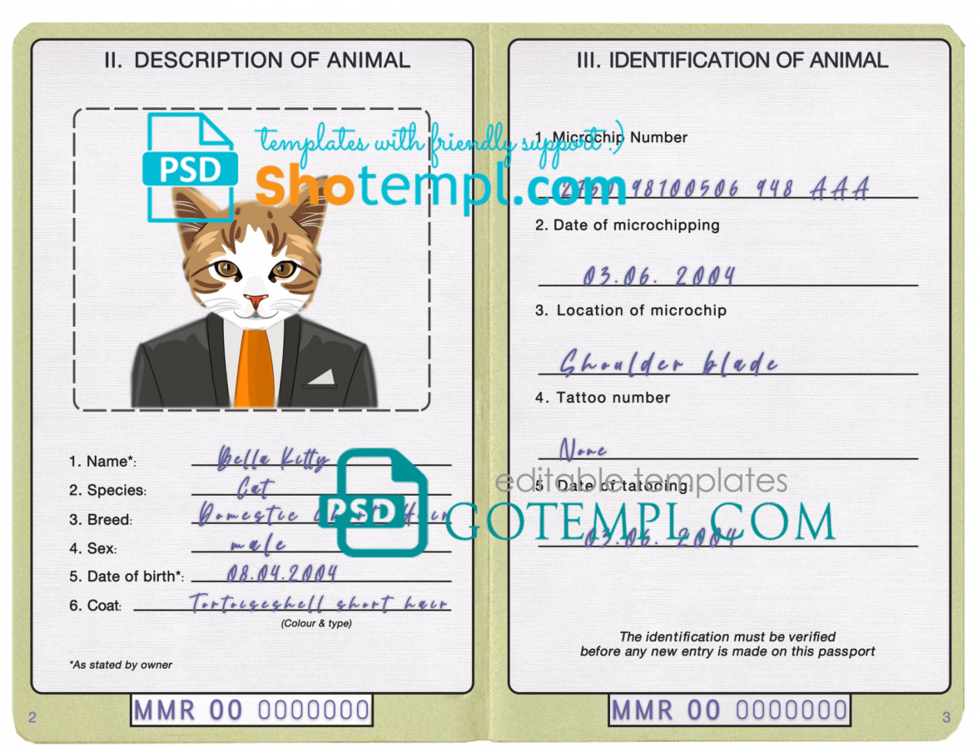 free download Myanma cat (animal, pet) passport PSD example, completely editable