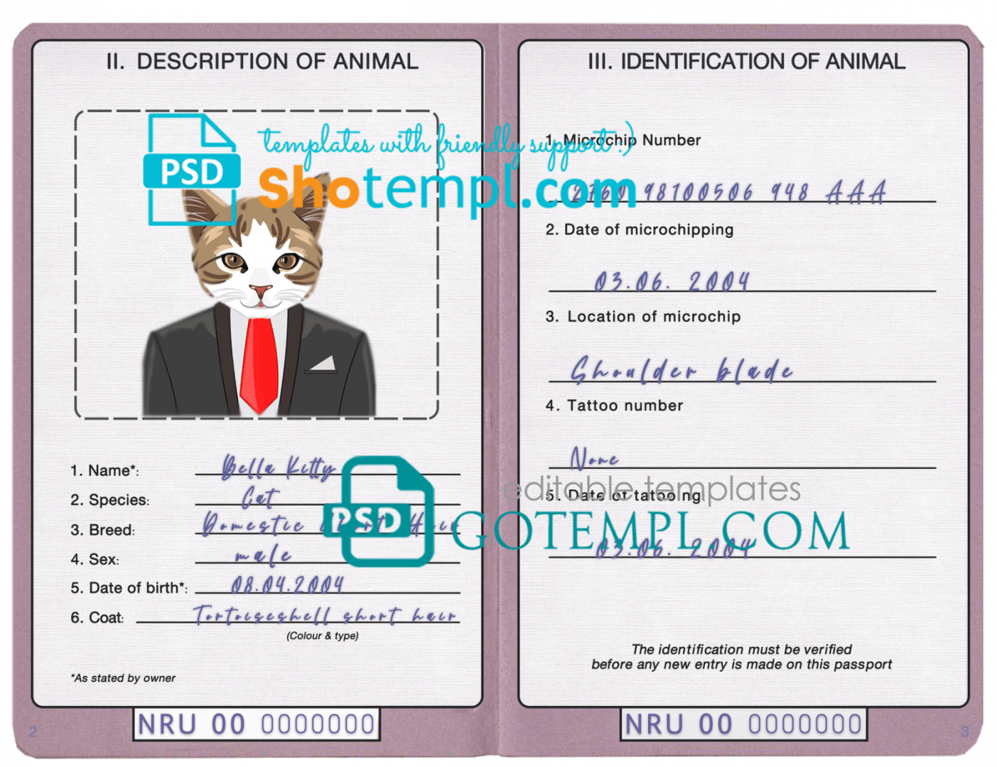 free download Nauruan cat (animal, pet) passport PSD example, fully editable