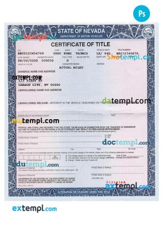 Nevada certificate of title of a vehicle (car title) template in PSD format, fully editable, front and back