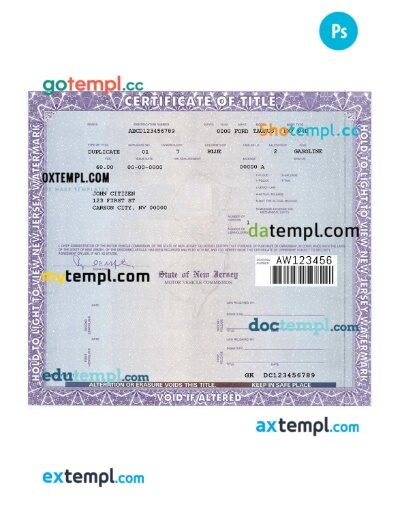 New Jersey certificate of title of a vehicle (car title) template in PSD format, fully editable, front and back