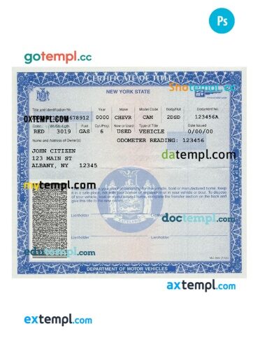 New York certificate of title of a vehicle (car title) template in PSD format, fully editable, front and back
