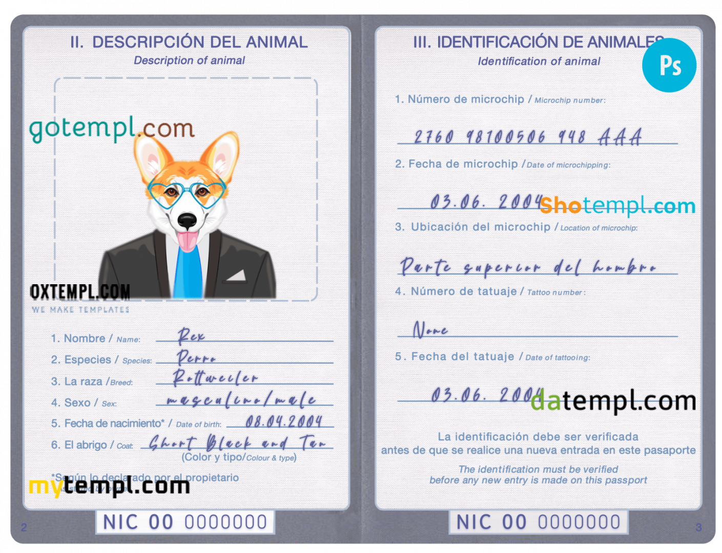free download Nicaraguan dog (animal, pet) passport PSD example, fully editable