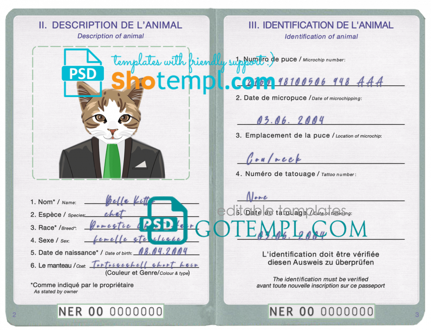 free download Nigerien cat (animal, pet) passport PSD example, completely editable