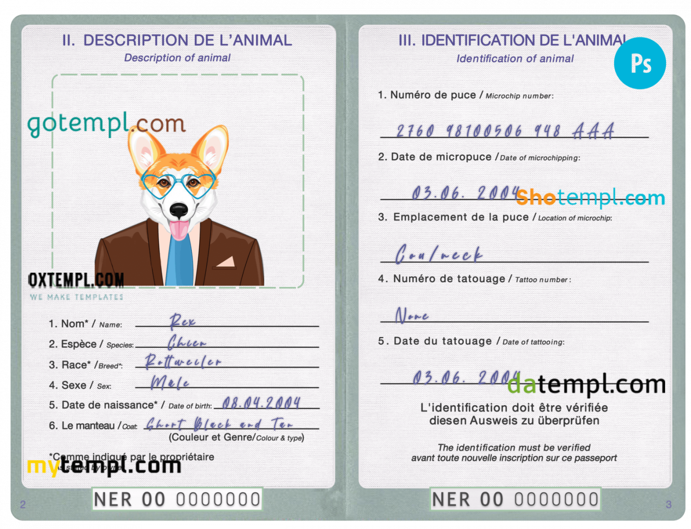 free download Nigerien dog (animal, pet) passport PSD example, completely editable