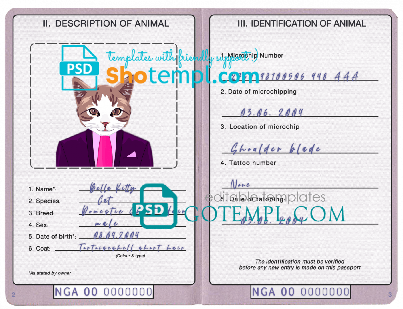free download Nigerienia cat (animal, pet) passport PSD example, fully editable