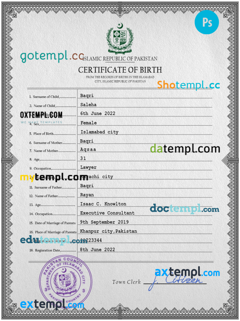 Pakistani vital record download birth certificate PSD example, fully editable