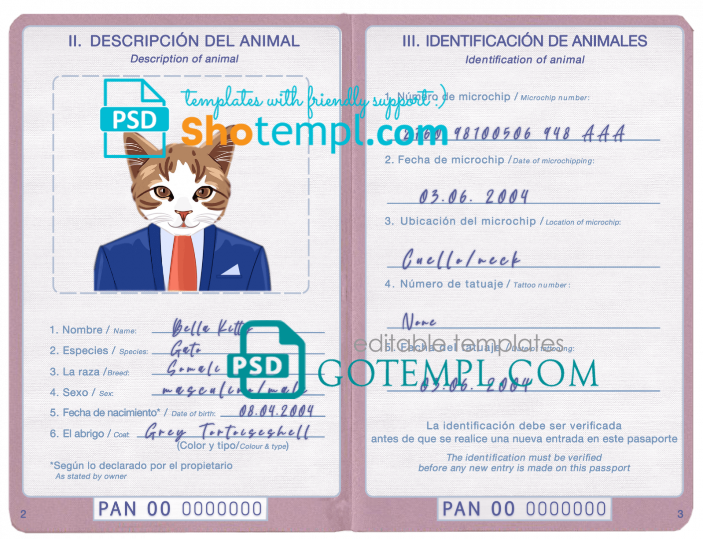 free download Panamanian cat (animal, pet) passport PSD example, completely editable