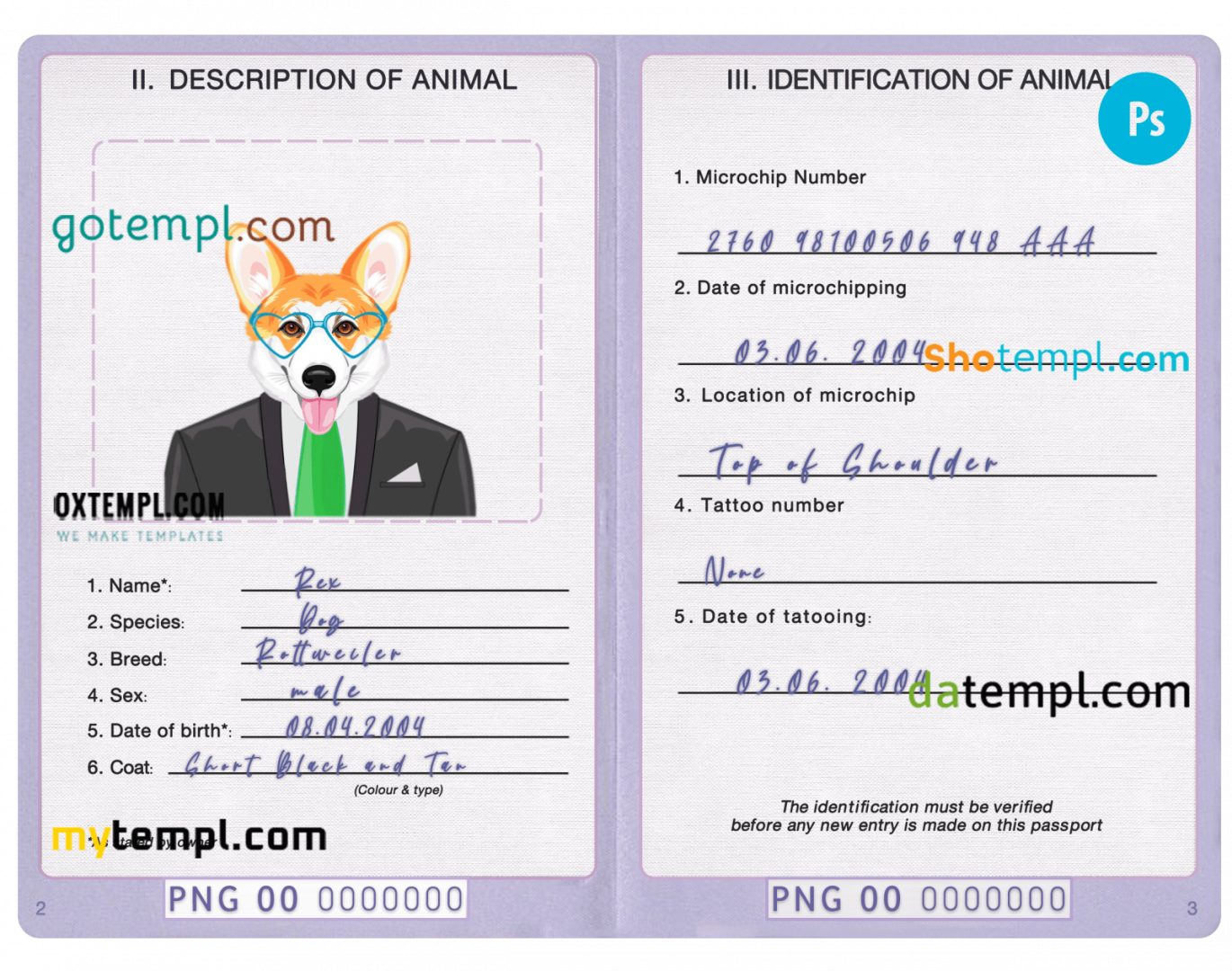 free download Papua New Guineann dog (animal, pet) passport PSD example, fully editable
