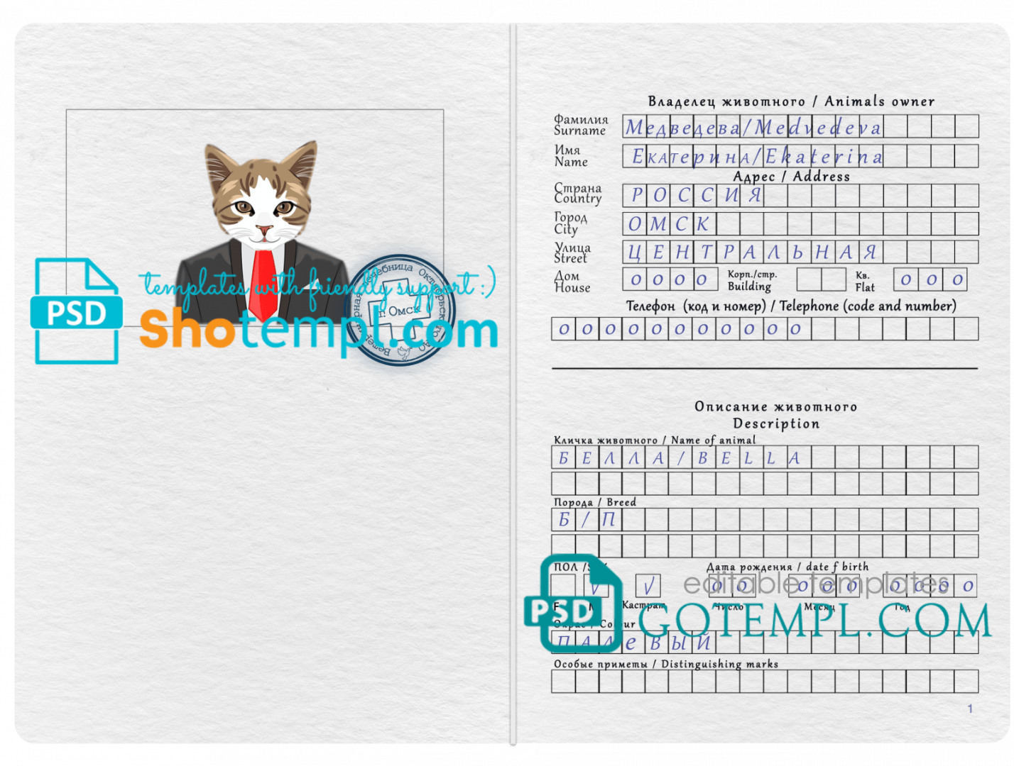 free download Russian cat (animal, pet) passport PSD example, fully editable
