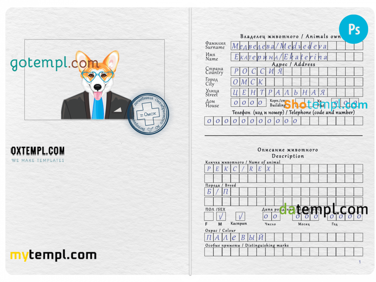 free download Russian dog (animal, pet) passport PSD example, fully editable