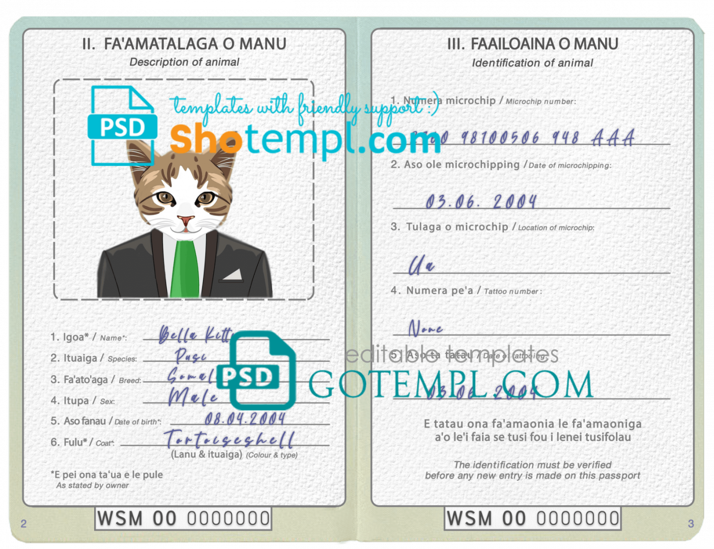free download Samoan cat (animal, pet) passport PSD example, completely editable