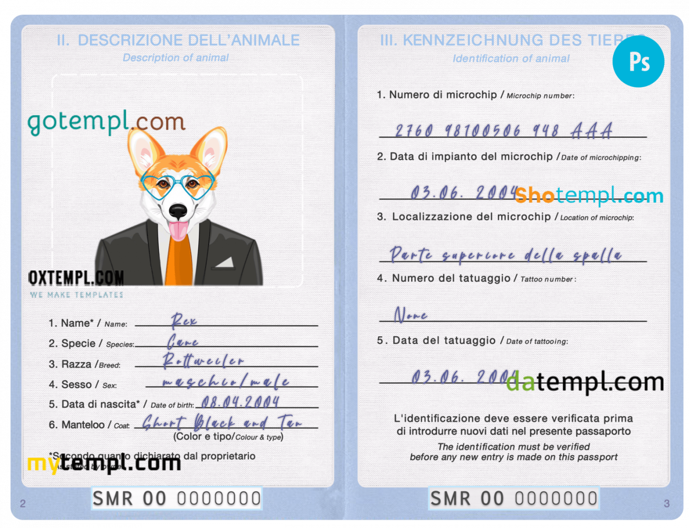 free download San Marino dog (animal, pet) passport PSD example, fully editable