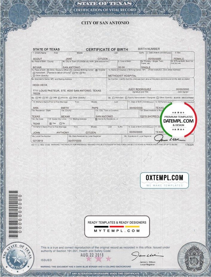 USA Texas state birth certificate example in PSD format, fully editable