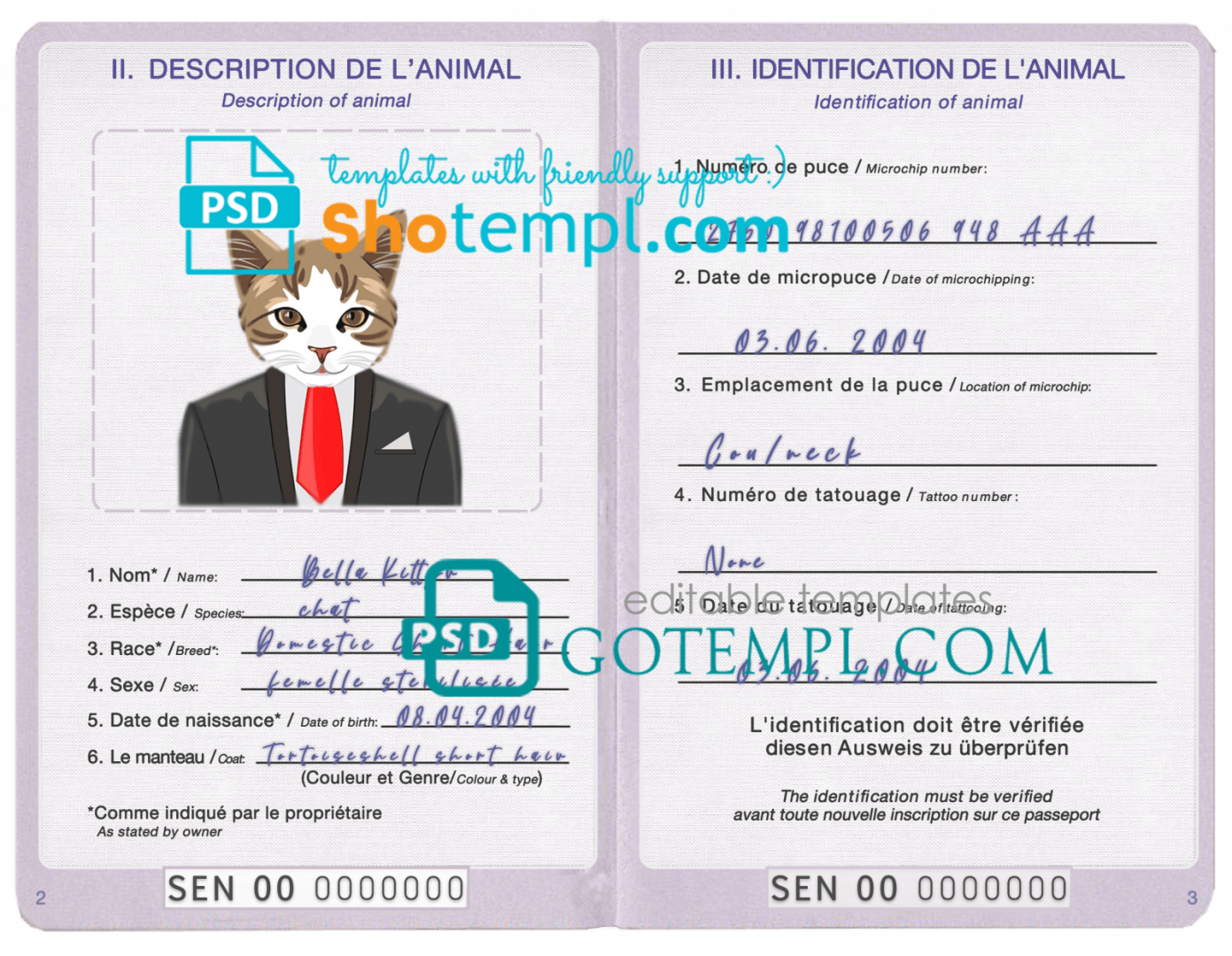 free download Senegalese cat (animal, pet) passport PSD example, fully editable