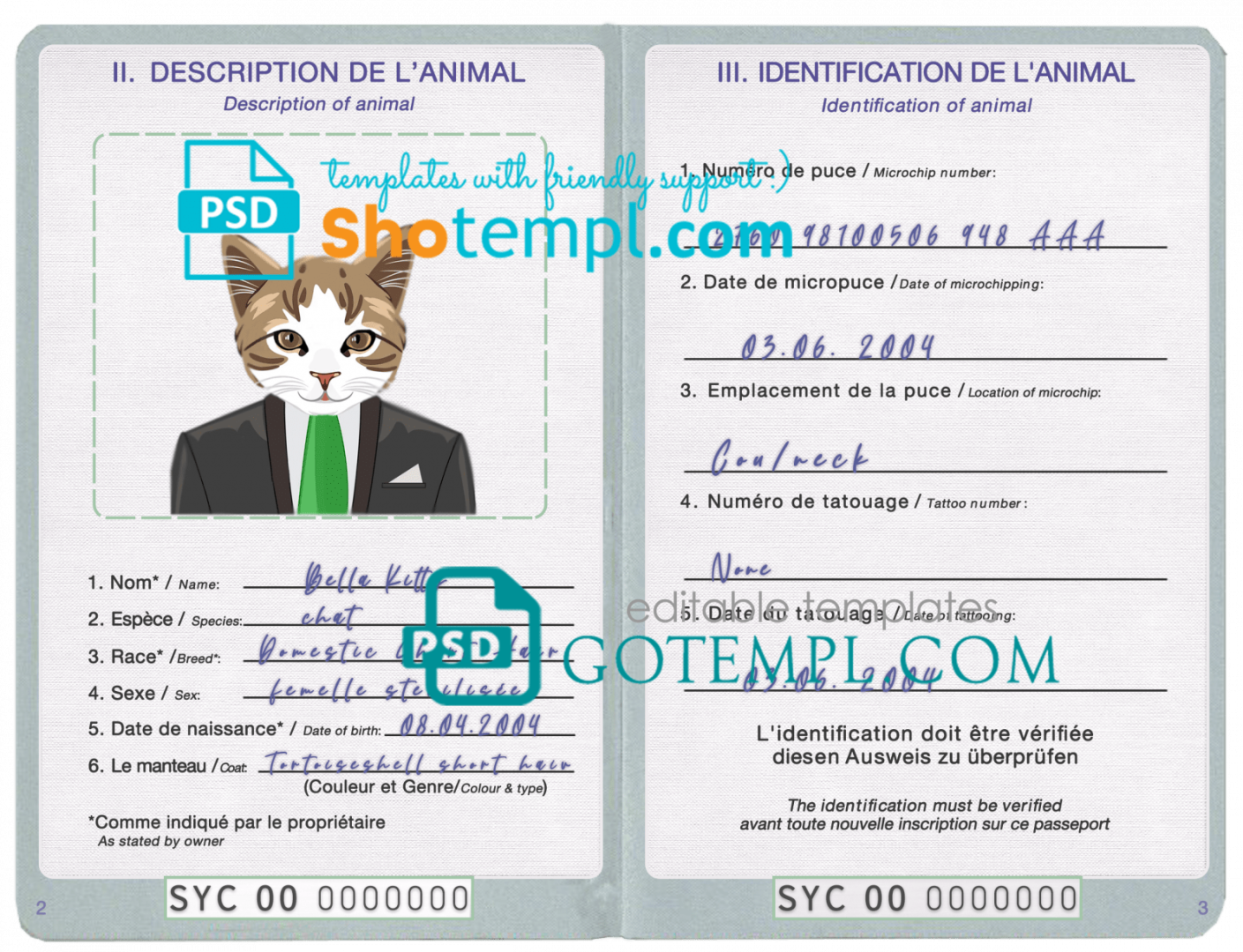 free download Seychellas cat (animal, pet) passport PSD example, fully editable