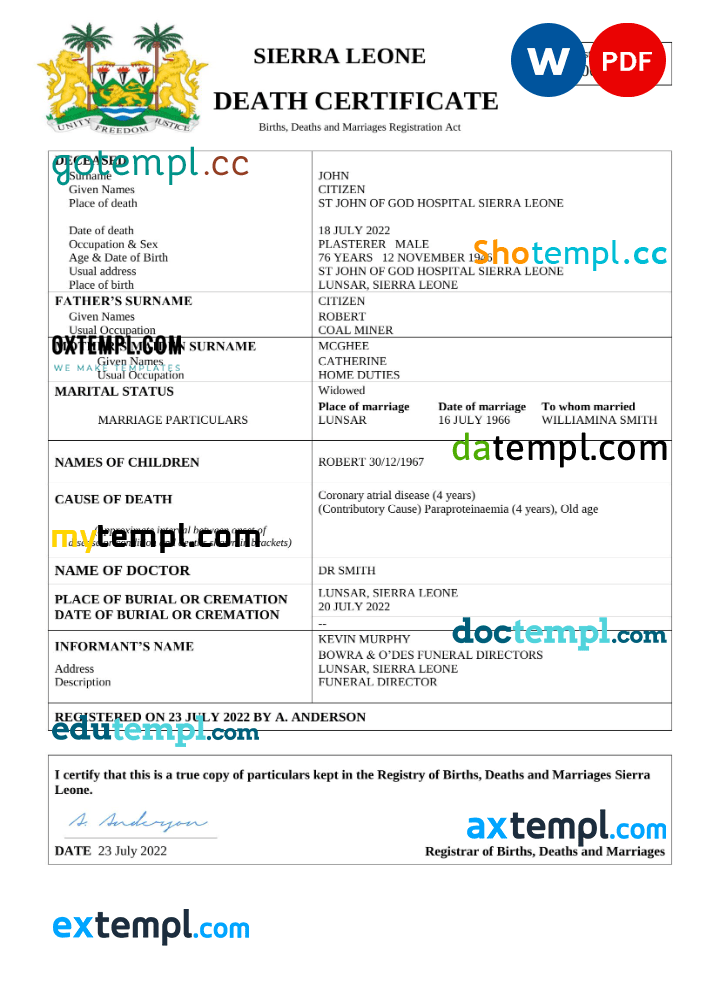 Sierra Leone death certificate Word and PDF example, completely editable