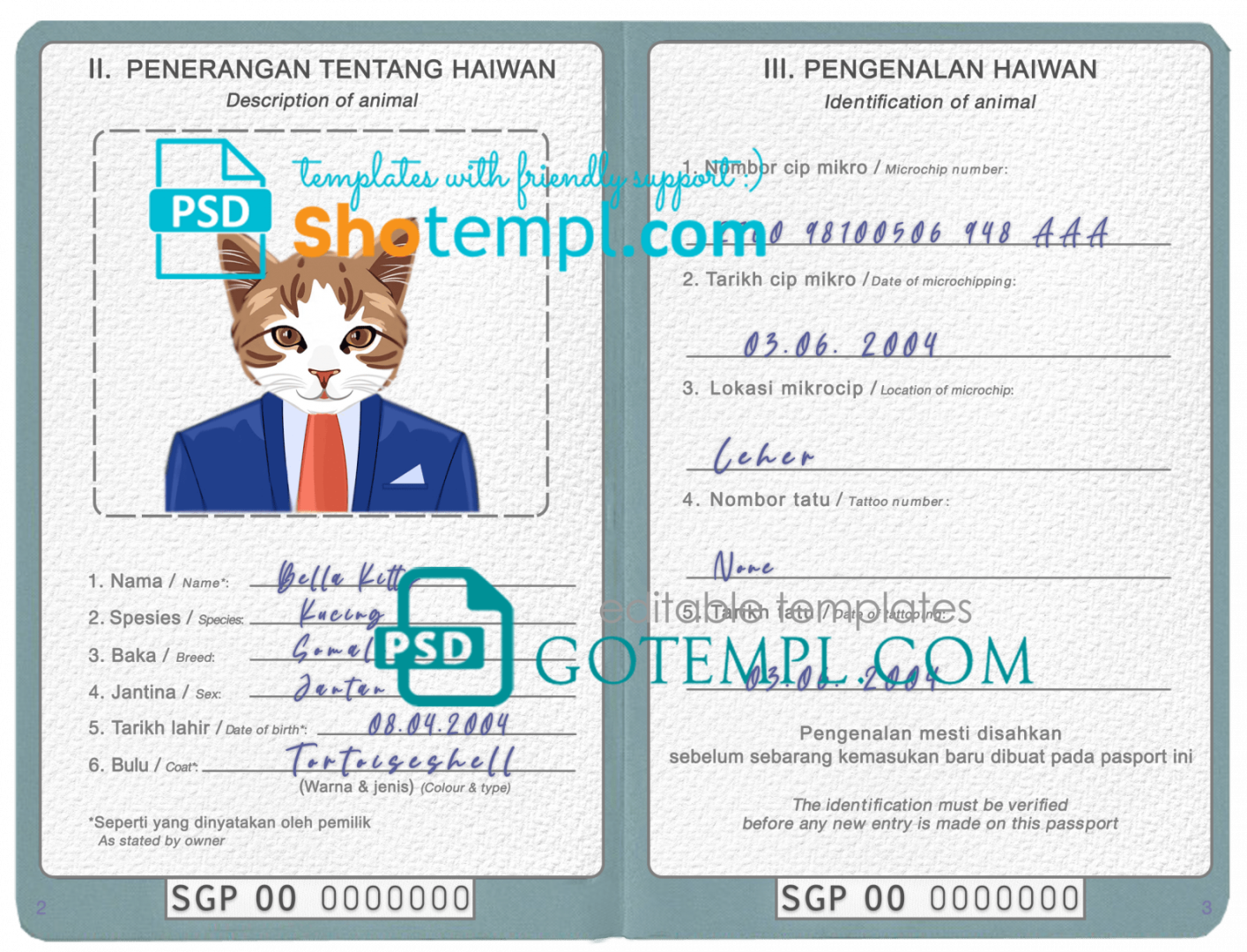 free download Singapore cat (animal, pet) passport PSD example, fully editable