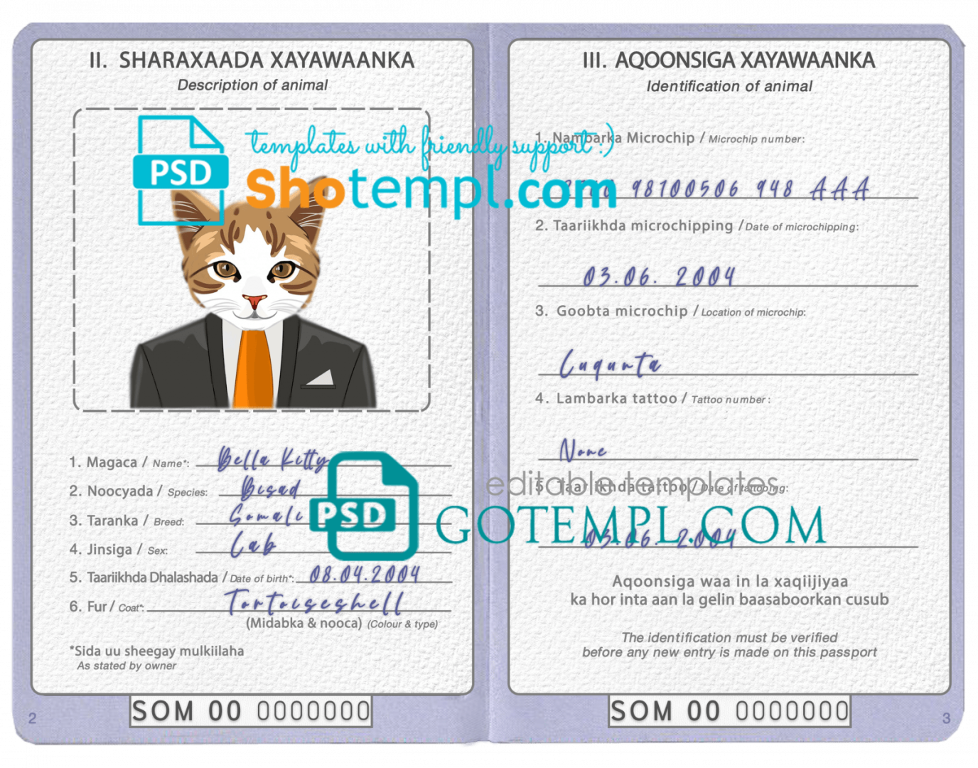 free download Somali cat (animal, pet) passport PSD example, fully editable