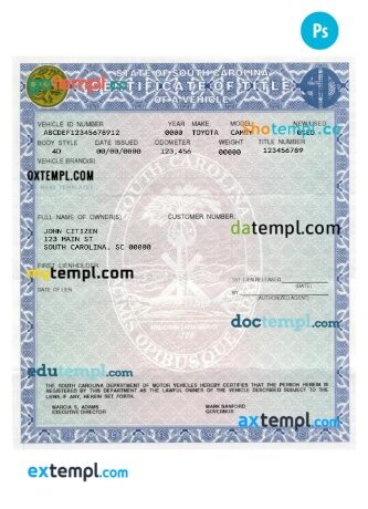 South Carolina certificate of title of a vehicle (car title) template in PSD format, fully editable, front and back