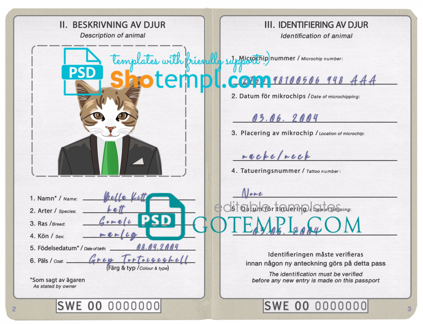 free download Swedish cat (animal, pet) passport PSD example, completely editable