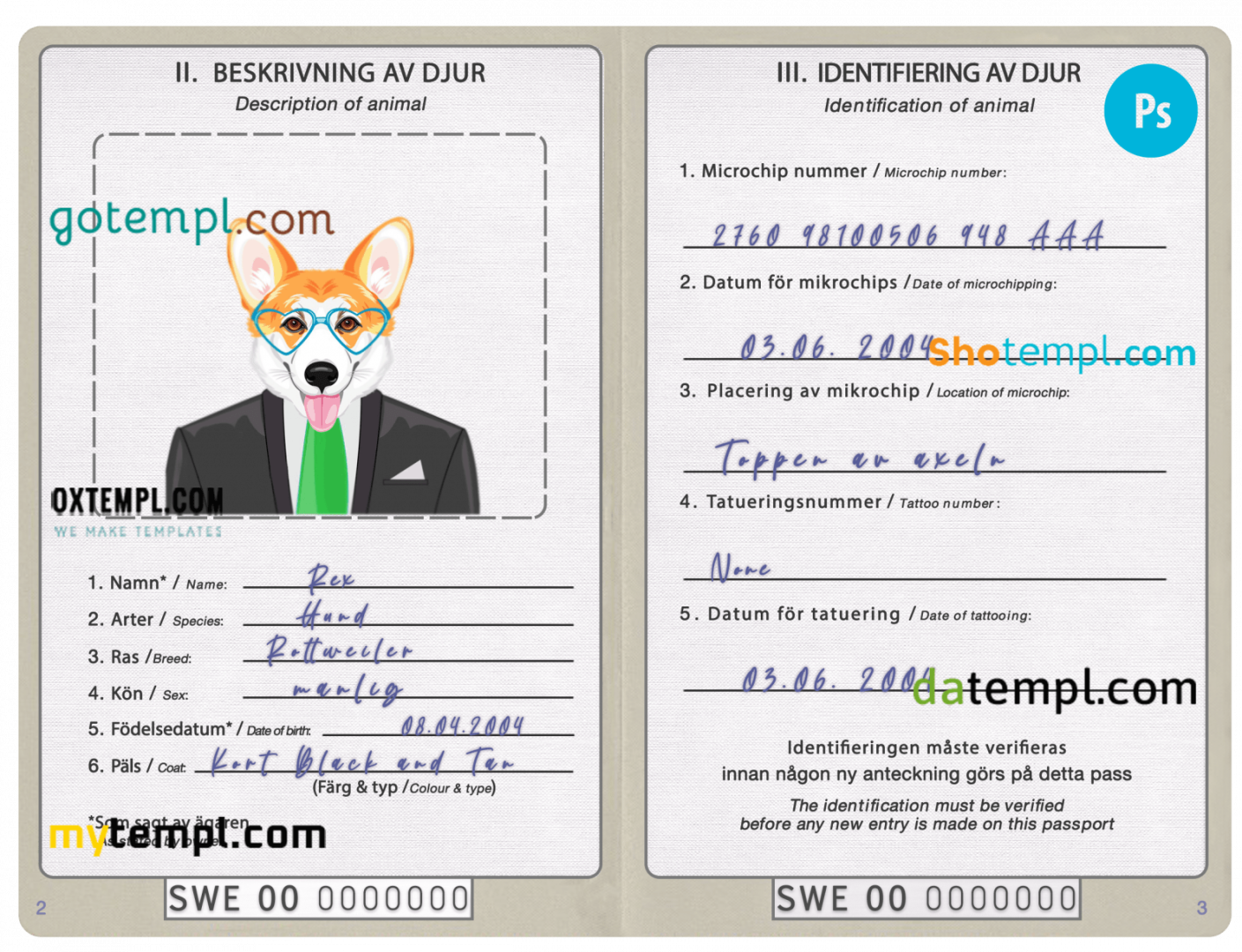 free download Swedish dog (animal, pet) passport PSD example, completely editable