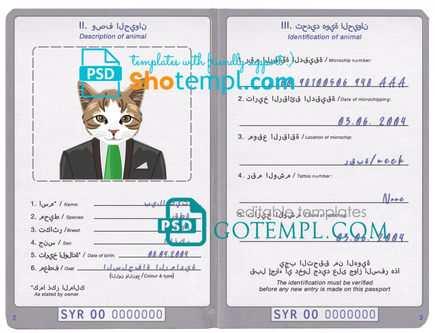 free download Syrian cat (animal, pet) passport PSD example, completely editable